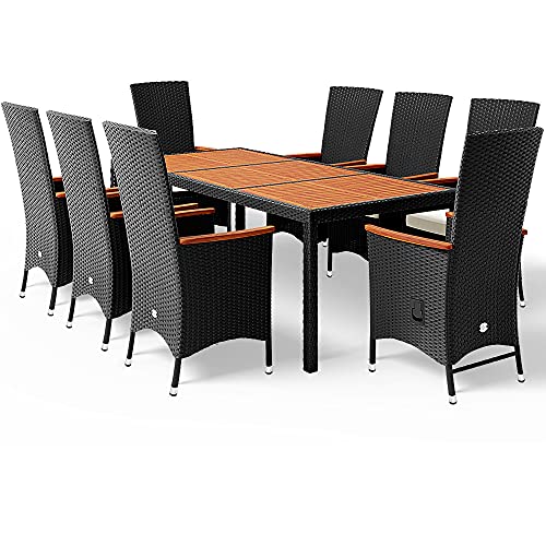Deuba Poly Rattan Sitzgruppe 8 Stühle Fuß- & Rückenlehne Verstellbar 7cm Auflagen Tisch 190x90cm Akazie Holz Gartenmöbel