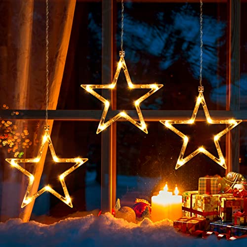 Ulinek Fensterdeko 3 Sterne mit Batteriebetrieb 30 LEDs [1M+0.6M] Sterne Weihnachtsdeko Fenster mit 4er nathloser Klebehaken LED Sterne für Innen und Außen Weihnachten Fenster Balkon Party-Warmweiß