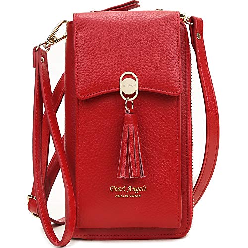 Pearl Angeli Weiches Echtes Leder Handy Umhängetasche - Handytasche Geldbörse Damen Quaste RFID Schutz kleine Crossbody Tasche (Rot)