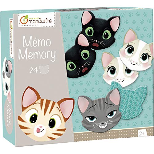 Avenue Mandarine JE505O Memory Domino (mit 24 Karten aus Karton, ideal für die Motorik Ihres Kindes, ab 2 Jahren geeignet) 1 Pack Katzengesichtern