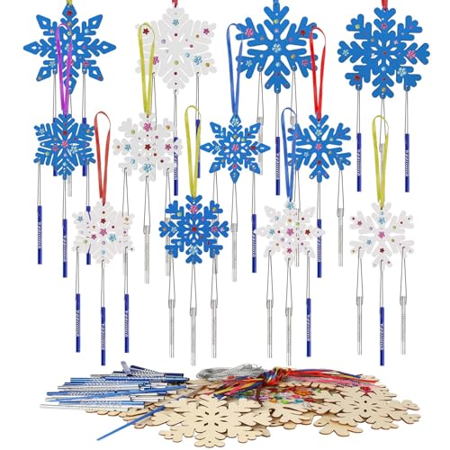 WEDNOK 12 Stück Schneeflocke Windspiel Bastelset Holz Schneekristall Basteln Kinder Schneeflocke Bastelhandwerk zum Bemalen Eiskristalle Kreativsets für Mädchen Jungen Weihnachten Winter