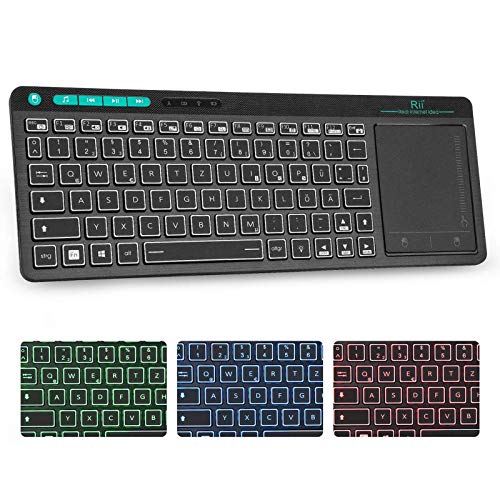 Rii K18 Plus Kabellose TV-Tastatur mit Touchpad, Beleuchtet Tastatur mit 3 LED Hintergrundbeleuchtung für Smart TV/Laptop/Mac/PC/Android/Windows (Deutsch Layout,Schwarz)