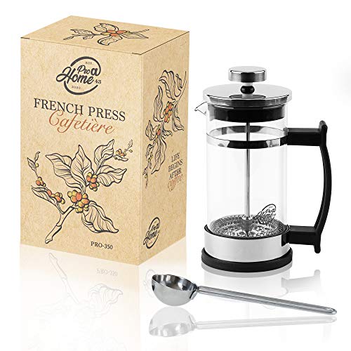 Pro@Home43 French Press, Kaffeebereiter 0,35L für 2 Tassen (auch 0,6L), Glas Kaffeepresse , Tee und Kaffeezubereiter klein , Coffee Press 350ml inkl. Edelstahl Dosierlöffel