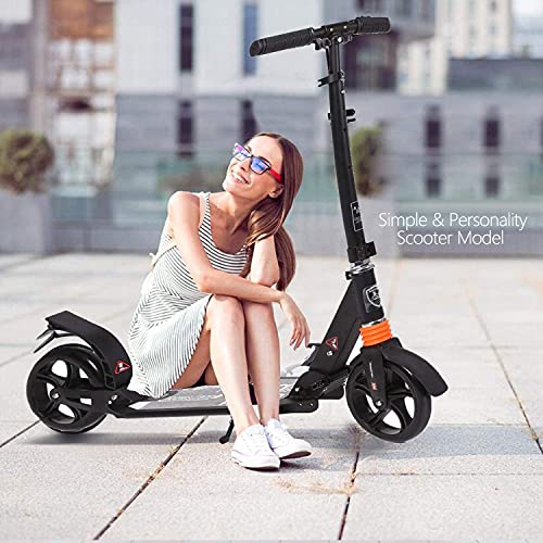 Hesyovy Leicht Scooter T-Style Stabile, aus Aluminiumlegierung, Klappbar und Höhenverstellbar, Big Wheel 195mm Räder Cityroller für Erwachsene (Schwarz, Einzel)