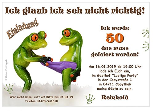 Einladungen zum Geburtstag, für jedes Alter möglich, lustig witzig Text änderbar Frosch Frösche Spruch 50 Karten DIN A6