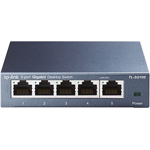 TP-Link TL-SG105 5-Ports Gigabit Netzwerk Switch (bis 2000 MBit/s im Vollduplexmodus, geschirmte RJ-45 Ports, Metallgehäuse, optimiert Datenverkehr, IGMP-Snooping, unmanaged, lüfterlos) blau metallic