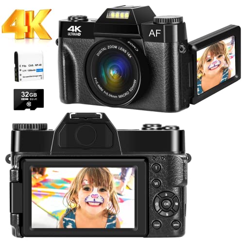 4K Digitalkamera 48MP 30FPS Kompaktkamera 16X Digitalzoom Fotoapparat 180-Grad-Drehung Flip-Screen-fotokamera (Autofokus & 32GB Micro SD Karte)