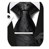 Enlision Herren Krawatte und Taschentuch Herrenkrawatten Krawattenklammer mit Manschettenknöpfe Krawatten Einstecktuch Set Schwarz