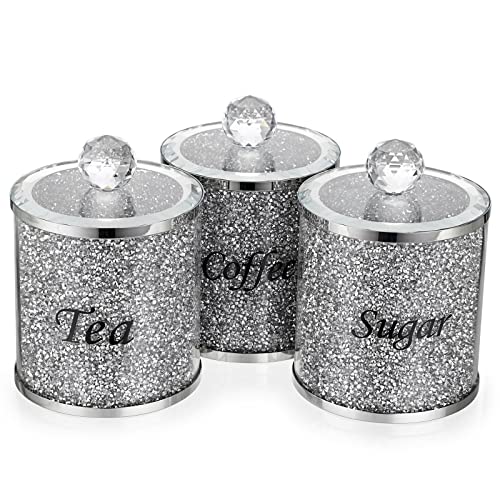 BTSKY Set mit 3 zerkleinerten Diamanten Behälter mit Deckel für Zucker, Kaffee, Tee – Glasbehälter für Küche, Glas, moderne Dekoration, Thekendekoration