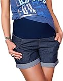 Mija - Kurze Jeans Umstandsshorts/Umstandshose mit Bauchband für Sommer 9037 (42, Dunkelblau)