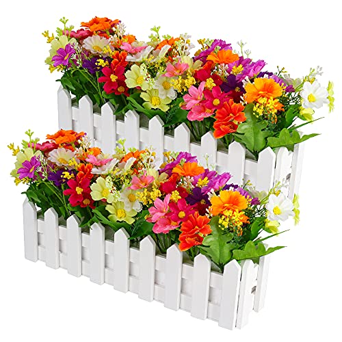 MOPOIN Künstliche Blumen in einem Topf, 2 Stück dekorative Blumen künstlich mit Holzzaun, künstliche Blumen Herbst, Orchideen künstlich, künstliche Blumen Dekoration für Balkon Wohnzimmer Garten