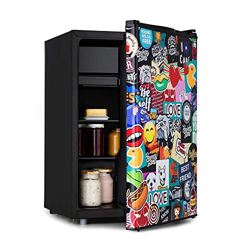 Klarstein Cool Vibe - Kühlschrank, Volumen: 70 Liter, VividArt Concept: Tür mit Stickerbomb-Design Print, Eisfach, Eiswürfelform, Geräuschentwicklung: 42 dB, schwarz