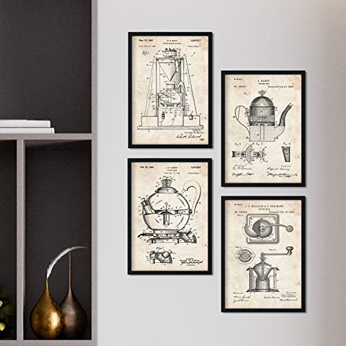 Nacnic Kaffeemaschine Patent Poster 4er-Set. Vintage Stil Wanddekoration Abbildung von Haushaltsgeräte und Alte Erfindungen. Verschiedene wohnliche Küche Bilder ohne Rahmen. Größe A4.