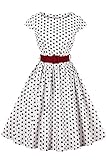 Axoe Damen 50er Jahre Audrey Hepburn Vintage Kleid Rockabilly Cocktail Partykleid Polka Dot- Gr. L (40), Weiß