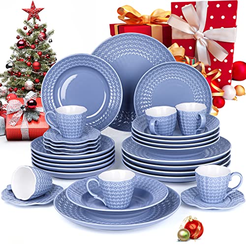 Geschirrset Porzellan für 6/12 Personen, SINTUNS 30-Teiliges Blau Tafelservice als Geschenk erhältlich, Teller Set, Kaffeeservice mit Kaffeetassen Untertasse, für Weihnachten, Silvester und Party