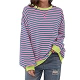 Lenugeo Dünne Sweatshirt Gestreift Damen Striped Shirt Oversized Pullover Langärm T-Shirt Top|Grün-Rosa,M