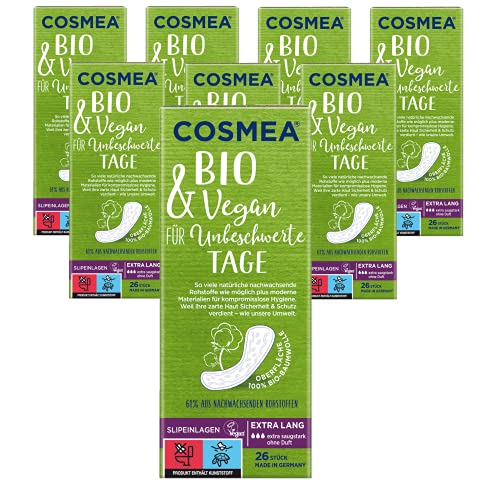 Cosmea Bio-Slipeinlagen Extra lang, ohne Duft, Vorteilspack (8 x 26 Stk). Hygiene-Einlagen aus Bio-Baumwolle. Damen-Hygiene im Einklang mit der Natur