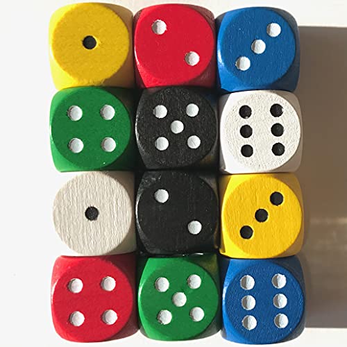 Spieltz Standard Würfel aus Holz für Brettspiele, 16 mm, bunt, produziert in Deutschland / Made in Germany (12 Bunte Würfel, 2 x Gelb, 2 x Rot, 2 x Blau, 2 x Grün, 2 x Schwarz, 2 x Weiß)