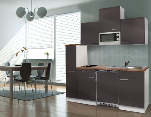 respekta Single Küche Küchenzeile Küchenblock 180 cm weiß grau APL Butcher Nussbaum Mikrowelle KB180WGMI