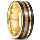 Fivavo Herren Gerillt Verlobungsring 8mm Schwarz und Gold Wolfram Ring mit Holz Hochzeitsring Vertrauensring Geschenke zum Valentinstag Größe 65(20.7)
