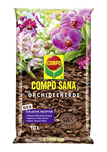 Compo SANA Orchideenerde mit 8 Wochen Dünger für alle Orchideenarten, Kultursubstrat aus Pinienrinde, 10 Liter