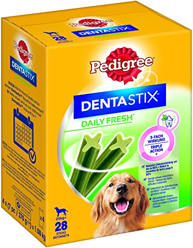 Pedigree DentaStix Daily Fresh – Zahnpflegesnack für große Hunde (+25 kg) – 112 Sticks – Hundeleckerli für jeden Tag – Für gesunde Zähne und einen frischen Atem – 4er Pack (4 x 28 Stück)
