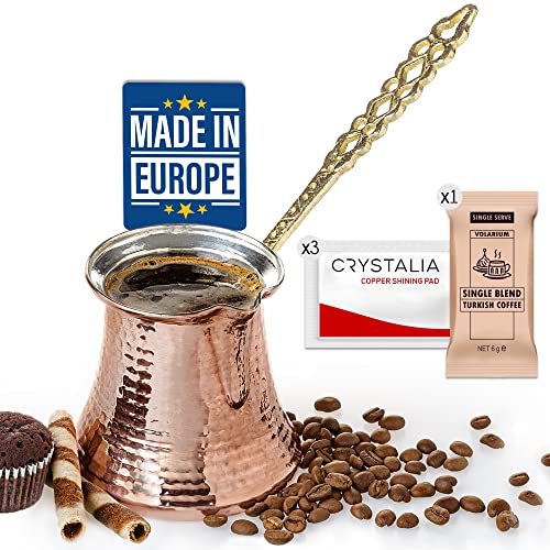 CRYSTALIA Groß Türkische Kaffeekanne Kupfer 425ml Premium Qualität Handgemachte Kupfer Cezve Kupferkanne für Türkischen Kaffee Arabisch Griechische Kaffeekanne, Kupferkaffeekanne, Mokkakanne