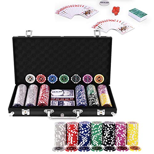RELAX4LIFE Poker Set, Poker Chip Set mit 300 Pokerchips & 2 Sätze Spielkarten & Händler & 5 Würfel, Kartenspiel für Partys & Picknick & Ausflug, ink. abschließbares Pokerkoffer aus Alu (Schwarz)