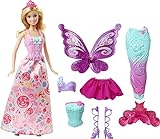 Barbie DHC39 - Puppe, Feenflügel, drei Oberteile zum Anklipsen, zwei abnehmbare Röcke, abnehmbares Meerjungfrauen-Unterteil, Meerjungfrauen-Flosse, zwei Paar Schuhe und ein Diadem, ab 3 Jahren