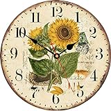 TAHEAT 20 cm Sommer Sonnenblume Wanduhr, Retro Rustikal Blumen Batteriebetrieben Uhren, Hölzern Dekorativ Einfach zu lesende Uhr für zu Hause/Büro/Schule/Bar