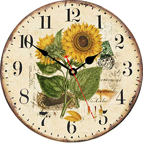 TAHEAT 20 cm Sommer Sonnenblume Wanduhr, Retro Rustikal Blumen Batteriebetrieben Uhren, Hölzern Dekorativ Einfach zu lesende Uhr für zu Hause/Büro/Schule/Bar