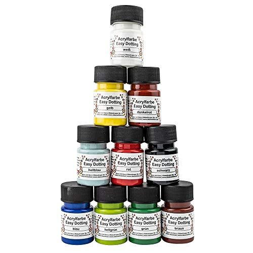 Ideen mit Herz Acrylfarben-Set Easy Dotting | Basic Acrylfarbe | 10 Farben à 30ml | hochpigmentiert | cremige Konsistenz | weiß, gelb, rot, dunkelrot, grün, hellgrün, hellblau, blau, braun und schwarz