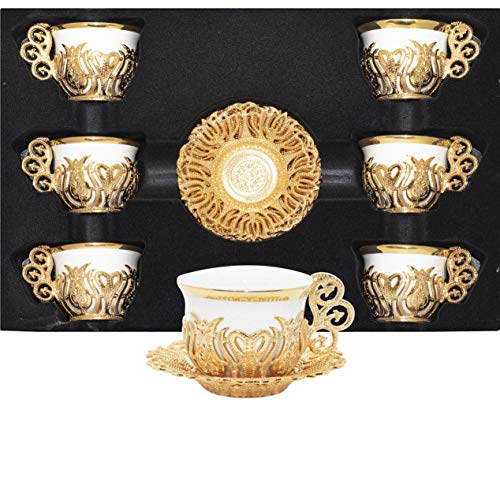Alisveristime 12-teiliges Kaffeetassen-Set mit Untertassen aus Porzellan, türkisch, griechisch, arabisch, Goldfarbenmischung
