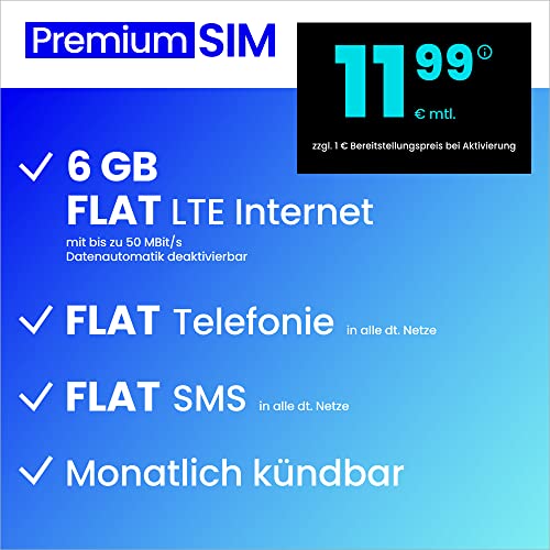 Handyvertrag PremiumSIM LTE All 6 GB - monatlich kündbar (FLAT Internet 6 GB LTE mit max. 50 MBit/s mit deaktivierbarer Datenautomatik, FLAT Telefonie, FLAT SMS und EU-Ausland 11,99 Euro/Monat)