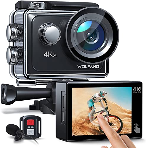 WOLFANG GA300 Action Cam 4K 60FPS 24MP Unterwasserkamera WiFi 40M wasserdichte 2.0 EIS Bildstabilisator Touchscreen Helmkamera 8X Zoom (Externes Mikrofon, 2x1350mAh Akkus und Zubehör Kit)