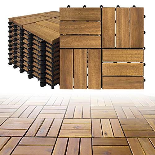 LZQ Holzfliesen aus Akazien Holz, 30 x 30cm 22er Set für 2 m², Garten-Fliese Bodenbelag mit Drainage, Klick-Fliesen für Garten Terrasse Balkon (Model B, 22 Stück | 2m²)