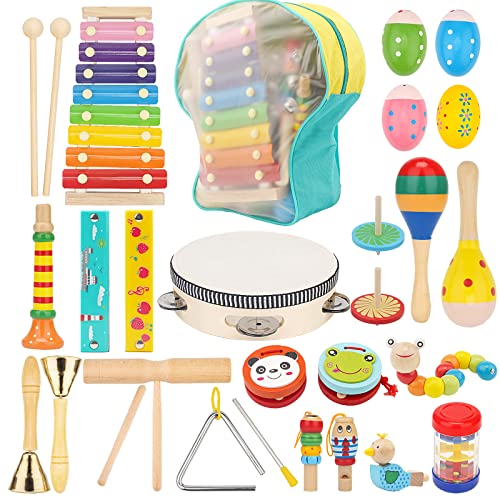 DioKiw 26 Stück Musikinstrumente für Kinder, 15 Typen Musik Instruments Set, Holz Percussion Set, Xylophon Schlagzeug Schlagwerk Rhythmus Spielzeug Musik Kinderspielzeug Geschenke für Kinder
