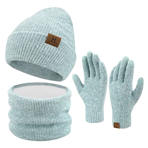 ZASFOU Damen Winter Beanie Mütze Schal Touchscreen Handschuhe Set Warme Wintermütze Loop Schal Schlauchschal Winterhandschuhe Weihnachten Geschenk für Frauen,Lichtgrün