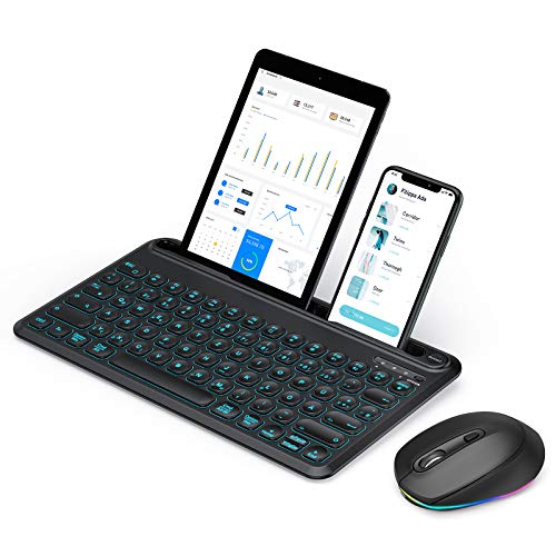 Bluetooth Tastatur mit Maus, 3 Kanäle Beleuchtete Kabellose Tastatur mit Tablet Halterung, Wiederaufladbare QWERTZ Funktastatur und RGB Maus DPI 2400 für iOS/Android/Windows,Tablet, Smartphone,Schwarz
