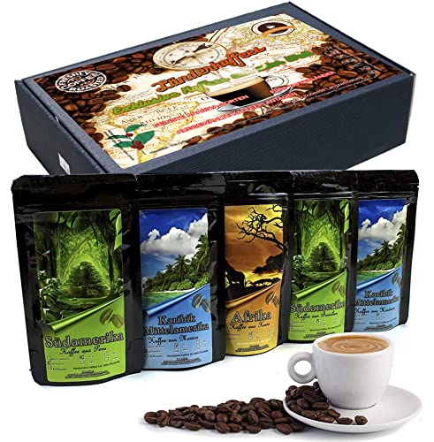 C&T Kaffee Geschenk-Set mit Länder-Kaffee aus aller Welt | 5x Kaffees je 65g Ganze Bohnen | Brasilien + Honduras + Peru + Mexiko + Kenia - im Geschenkkarton