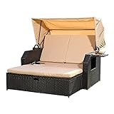 Melko Sonnenbett/Strandkorb/Lounge aus Polyrattan, Schwarz, inkl. klappbaren Seitentisch +verstellerbarer Rückenlehne + Faltbare Sonnenschutzdach