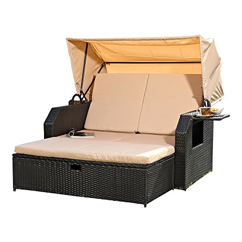 Melko Sonnenbett/Strandkorb/Lounge aus Polyrattan, Schwarz, inkl. klappbaren Seitentisch +verstellerbarer Rückenlehne + Faltbare Sonnenschutzdach