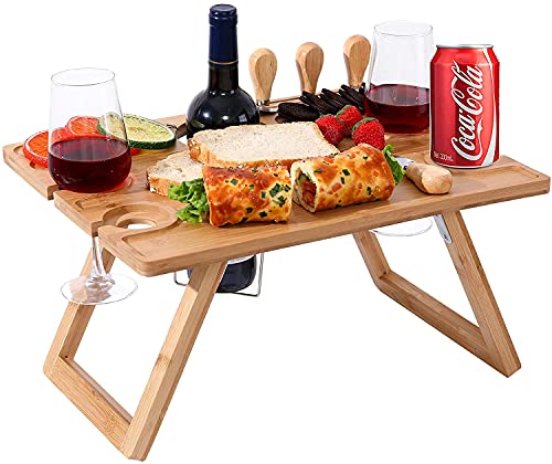 Tragbarer Bambus-Wein-Picknicktisch, Faltbarer Snacktisch mit Weinflaschenhalter und 4 Weinglashalter