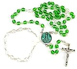 Religiöser Rosenkranz aus grünem böhmischem Glas, umwandelbar in Halsketten für Damen, mit Armband, Holzbox und Stoffbeutel mit Bildern der Jungfrau. Grün böhmisches Glas