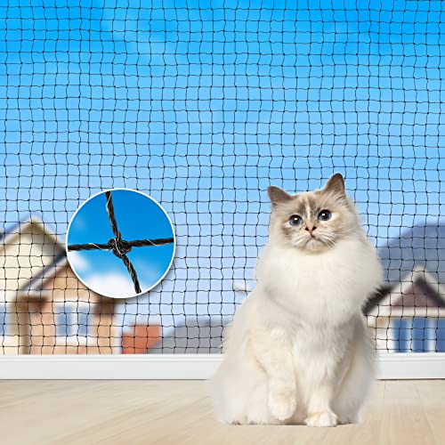 Aystkniet katzennetz für Balkon, 4 x 3 m Katzennetz Drahtverstärkt Schwarz mit 15M Befestigungsseil und Zubehör, Katzen Schutznetz für Fenster Terrasse Tür Innen und Außen