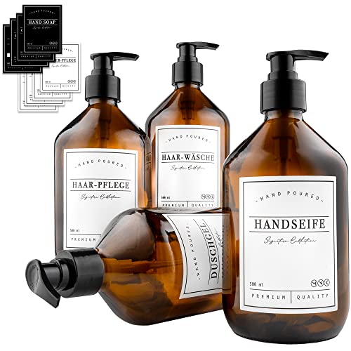 MONOKO 4er Set Seifenspender Glas Braun 500ml - Shampoo Flaschen zum Befüllen - Pumpspender inkl. Etiketten… (glas-250, braun)