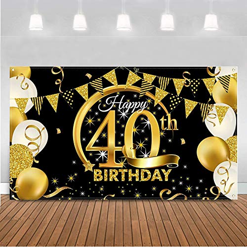 BOYATONG 40. Geburtstag Dekoration Schwarz Gold, Extra Große Stoff Schild Poster zum 40. Jahrestag Foto Stand Hintergrund Banner, 40 Jahre Geburtstag Party Lieferung für Frau Mann