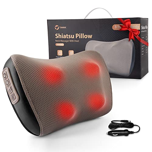 TAWAK Massagekissen Shiatsu Massagegerät mit 3D-rotierenden Massageköpfen mit Wärmefunktion für Nacken Rücken und Schulter, Nackenmassagegerät 6 Massageköpfen für Auto Büro Zuhause
