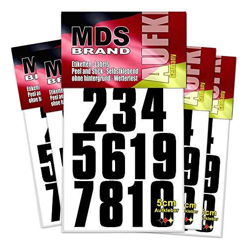 MDS Brand 5cm Zahlen - 5x Pack - Aufkleber 1-10 Selbstklebend Klebezahlen wetterfest Schwarz
