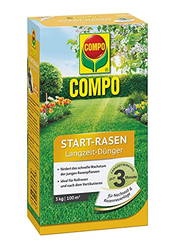 COMPO Start-Rasen Langzeit-Dünger, Für junge Rasenpflanzen und für Rollrasen nach dem Vertikutieren, 3 kg